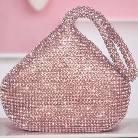 Women's Rose Gold Rhinestone Clutch Handbag Purse - Picture 8 of 9